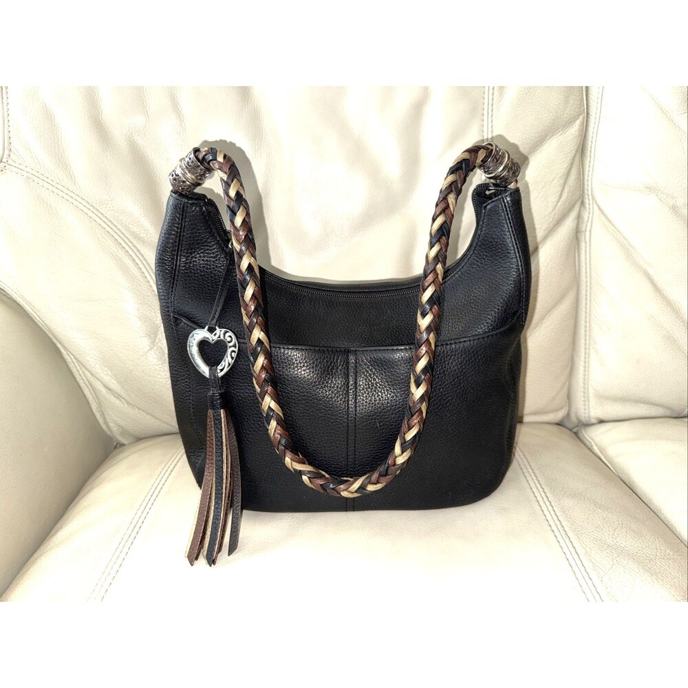 Brighton Barbados Ziptop Hobo Bag Pebbled Leather Black Braided Strap